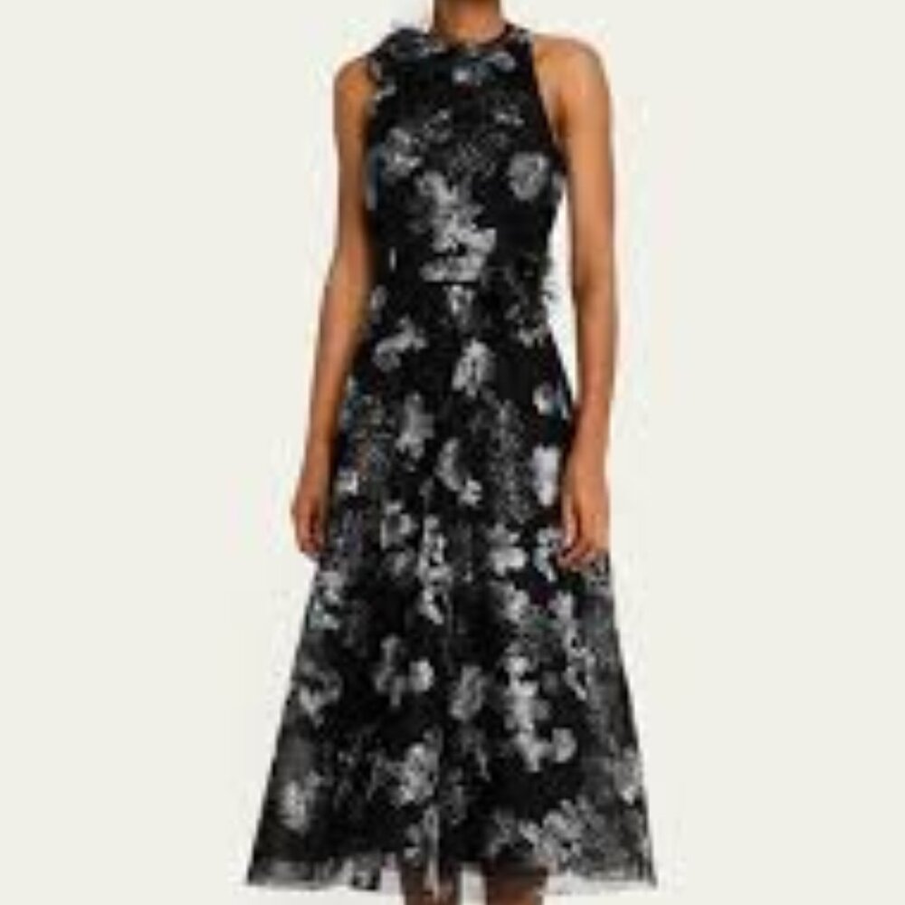Rickie Freeman Teri John black silver metallic applique tulle midi dress size 4